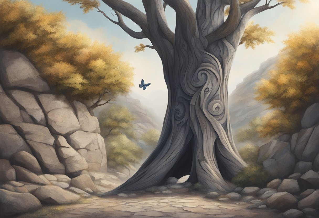 A lone tree stands tall amidst a rocky terrain, symbolizing resilience. A ribbon weaves around the trunk, representing mental health support. A butterfly flutters nearby, signifying the journey of a cancer thriver