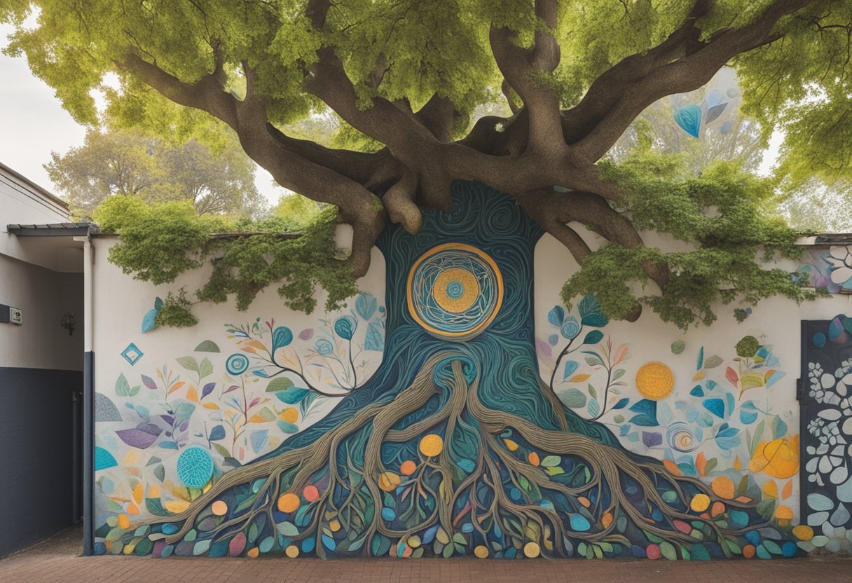 A serene setting with a supportive environment, symbolized by a tree with strong roots and vibrant leaves, surrounded by comforting resources and symbols of mental health and cancer support