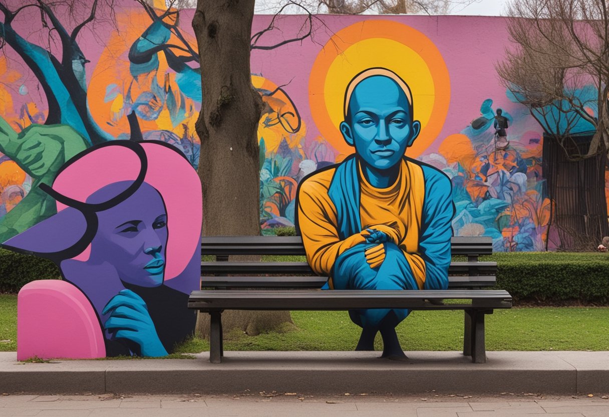 A person sitting on a park bench, surrounded by supportive friends. A devil's advocate figure looms in the background, while a symbol of cancer survival is subtly included in the scene