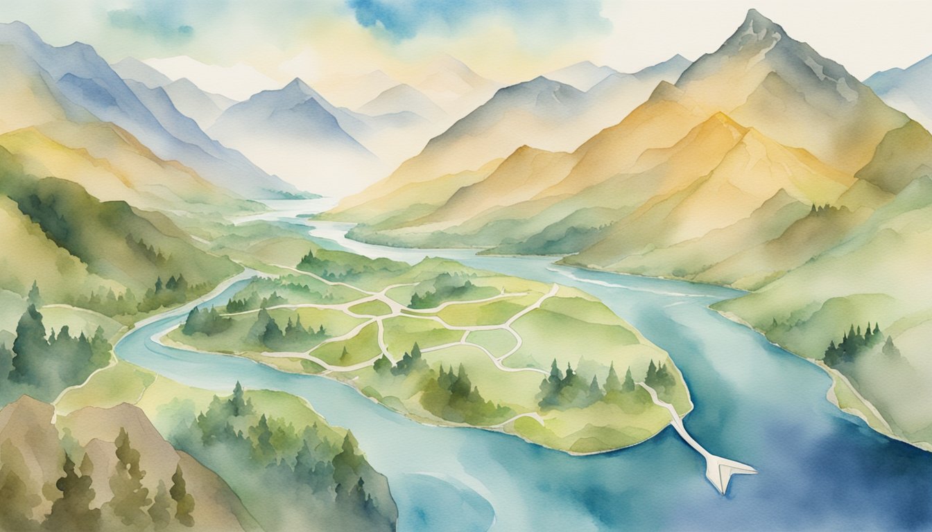 A map with a marked location, surrounded by mountains and a flowing river, with a shovel and pickaxe nearby