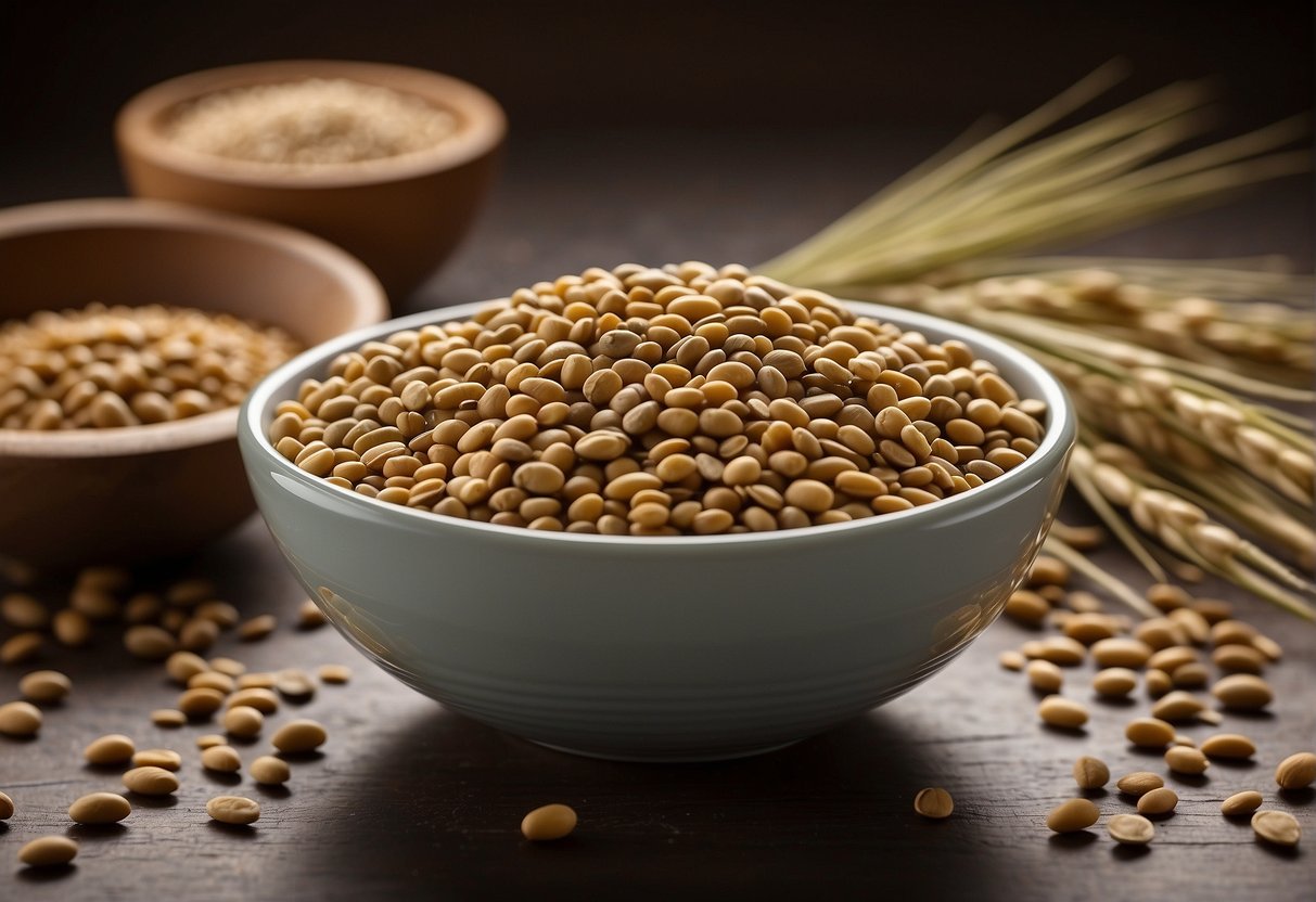 A bowl of lentils surrounded by various gluten-containing grains like wheat, barley, and rye. A clear label with "Gluten-Free" is visible on the lentil packaging