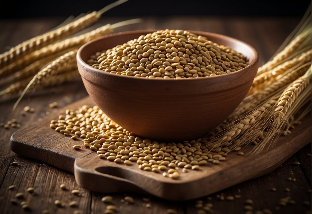 A bowl of lentils sits next to a pile of wheat, barley, and rye. A stray wheat kernel has fallen into the lentils, representing the risk of cross-contamination with gluten