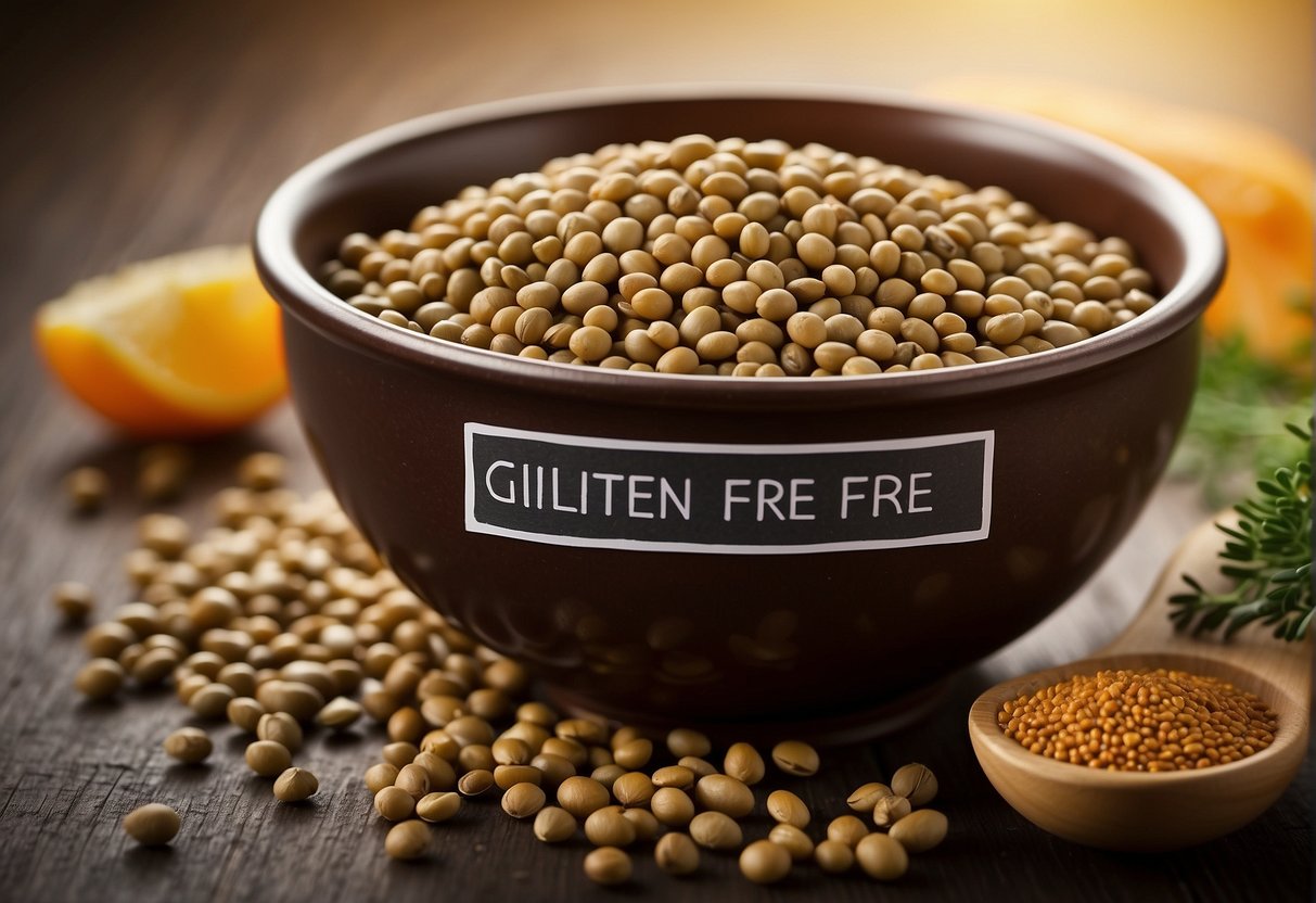 A bowl of lentils with a "gluten-free" label, surrounded by a list of FAQs and tips for living gluten-free