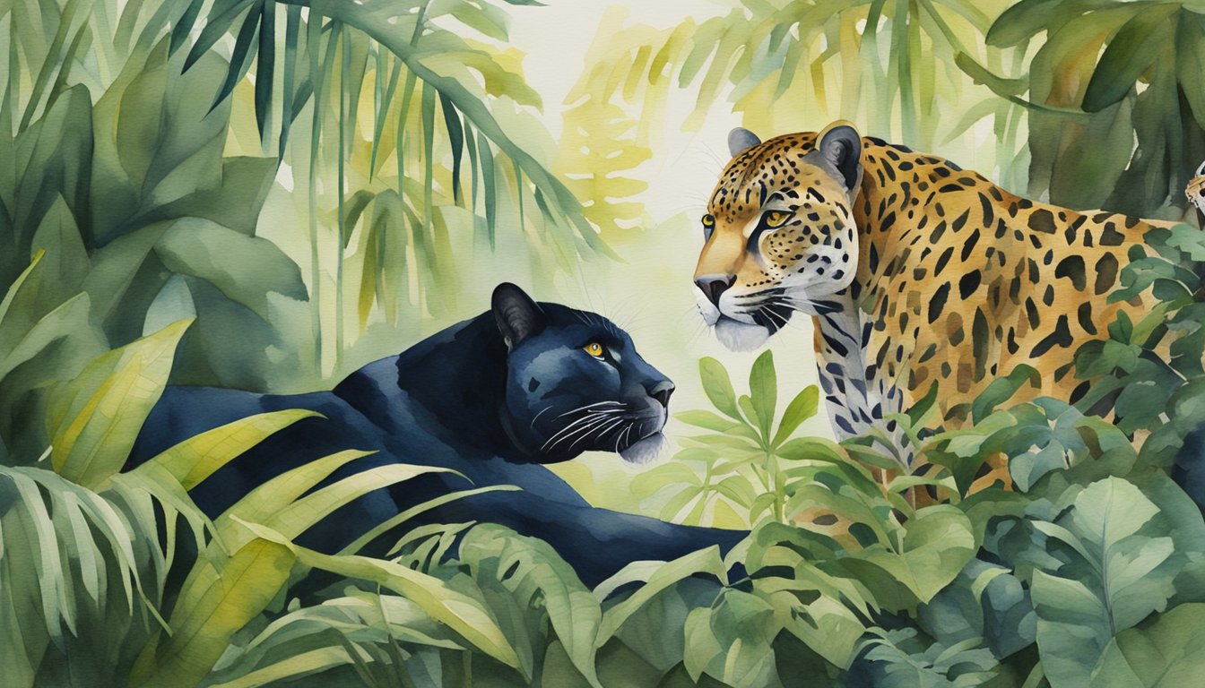 A panther and jaguar face off in a dense, tropical forest.</p><p>The panther crouches low, ready to pounce, while the jaguar stands tall, showing its powerful muscles.</p><p>The tension is palpable as they size each other