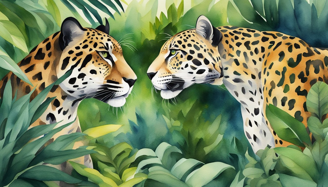 A panther and jaguar face off in a dense jungle, representing conservation and threats to their survival