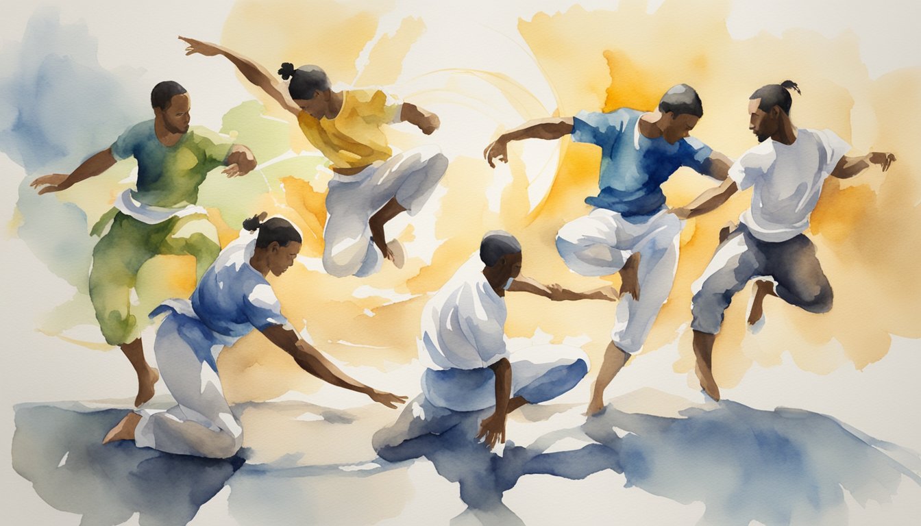Capoeira practitioners in a circle, performing acrobatic movements and kicks with fluidity and grace