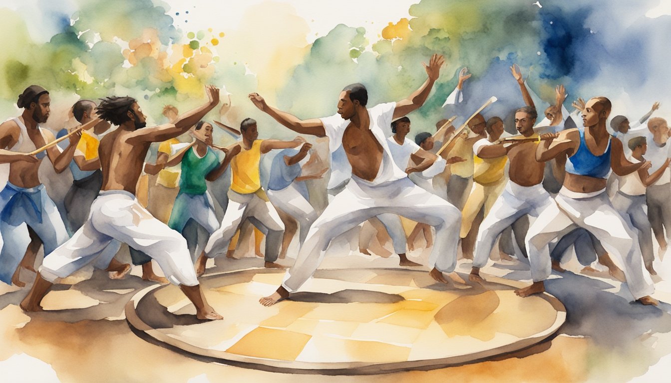 A circle of capoeira practitioners surrounded by onlookers, with instruments playing and vibrant movements showcasing the cultural significance and modern practice of capoeira