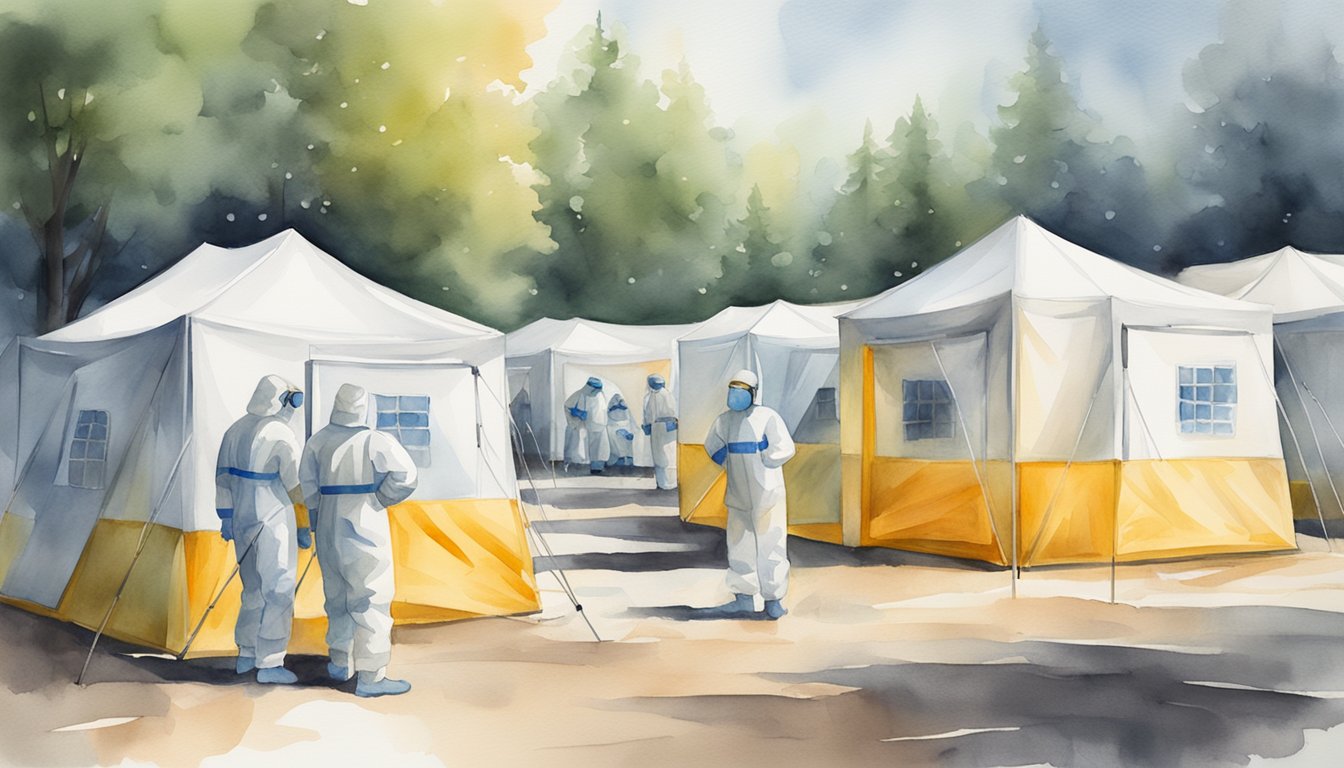 Emergency responders in hazmat suits set up quarantine tents, while medical personnel prepare for disease x outbreak