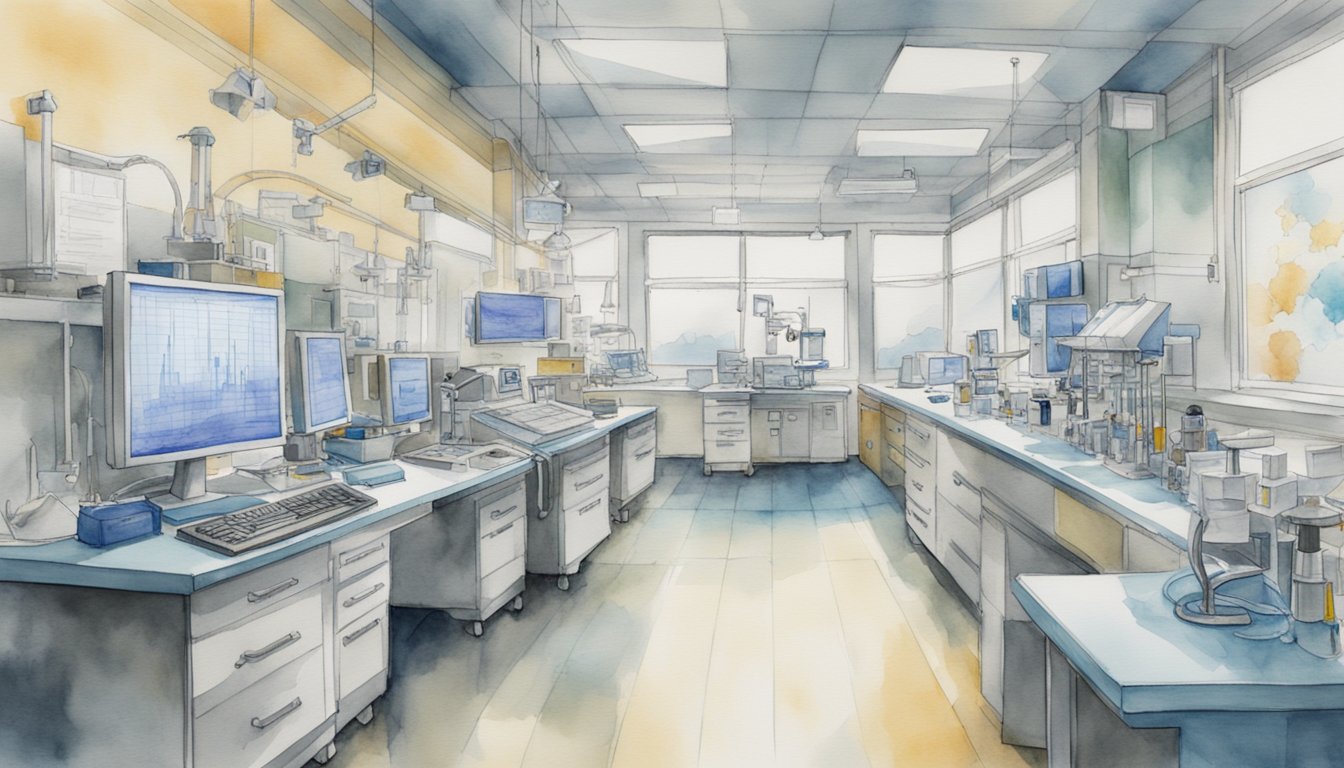 Cutting-edge medical equipment surrounds a lab table where researchers analyze data on disease X. Charts and graphs cover the walls, showing potential innovations