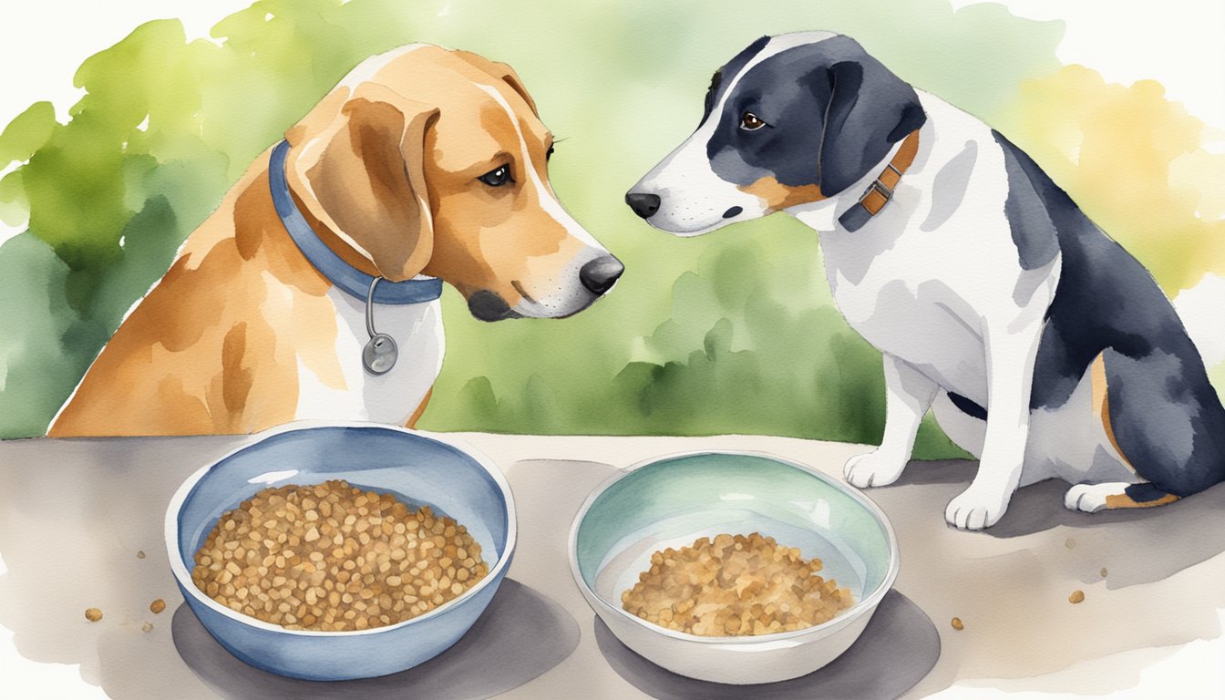 A dog with itchy skin and ear infections sniffs a bowl of hypoallergenic dog food, while another dog happily eats from a bowl of grain-free, limited ingredient dog food