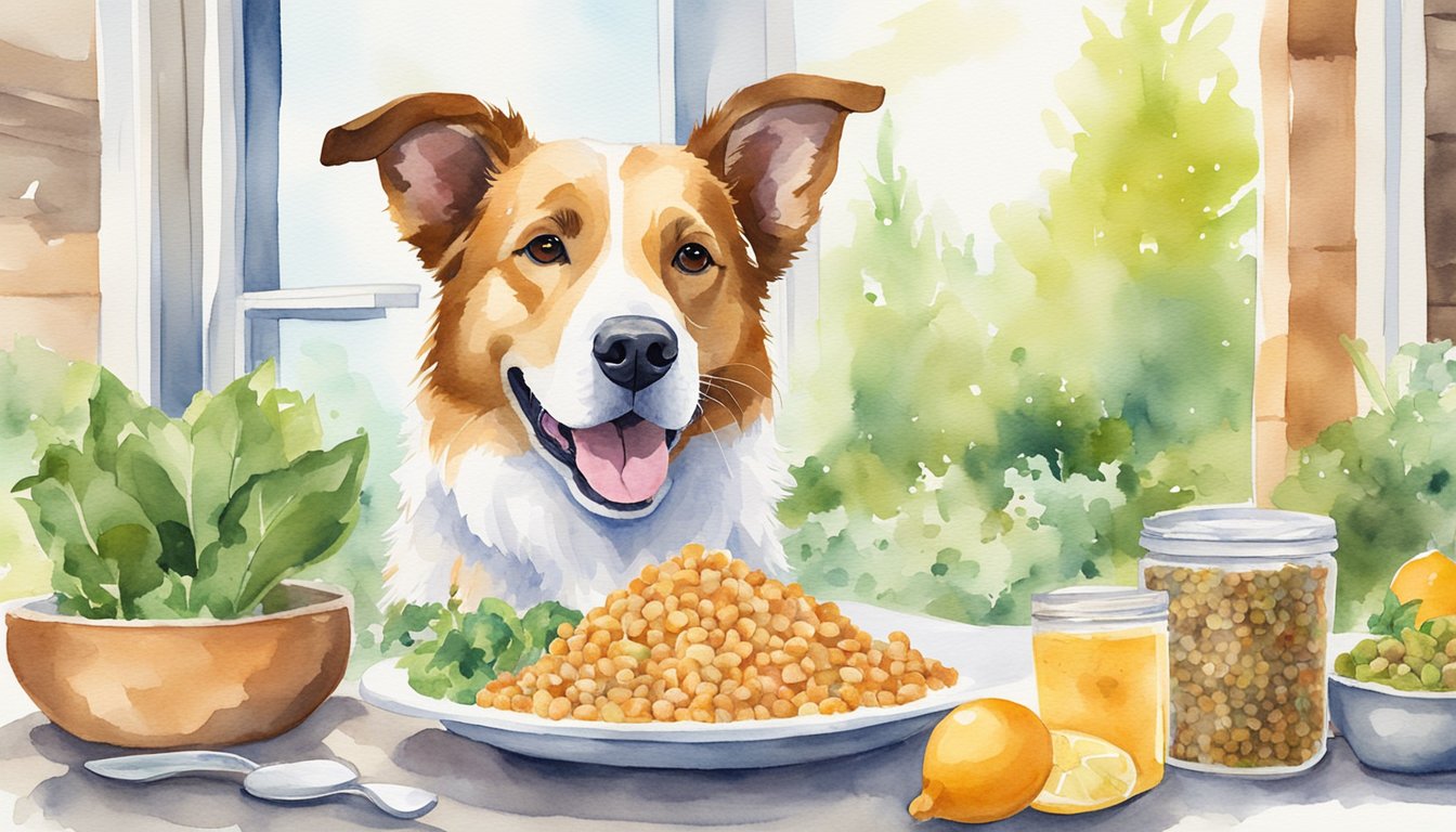 A happy, healthy dog with a shiny coat and bright eyes, enjoying a meal of hypoallergenic dog food, surrounded by natural, wholesome ingredients