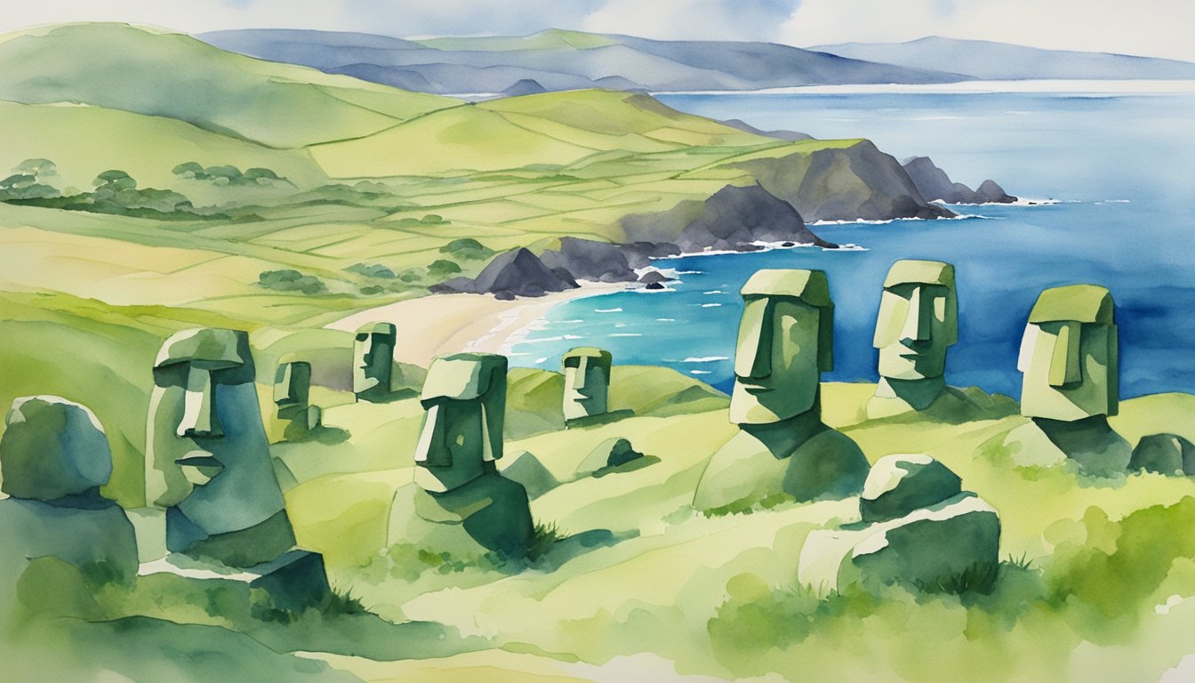Rolling green hills meet the vast blue ocean, with towering stone statues scattered across the landscape.</p><p>A few small huts dot the horizon, showcasing the early settlement of Easter Island