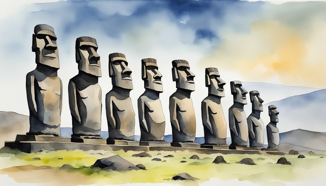 Easter Island: A barren landscape with towering stone statues facing each other, representing conflict and conservation.</p><p>The statues are in close contact, their solemn expressions conveying the tension between preservation and destruction