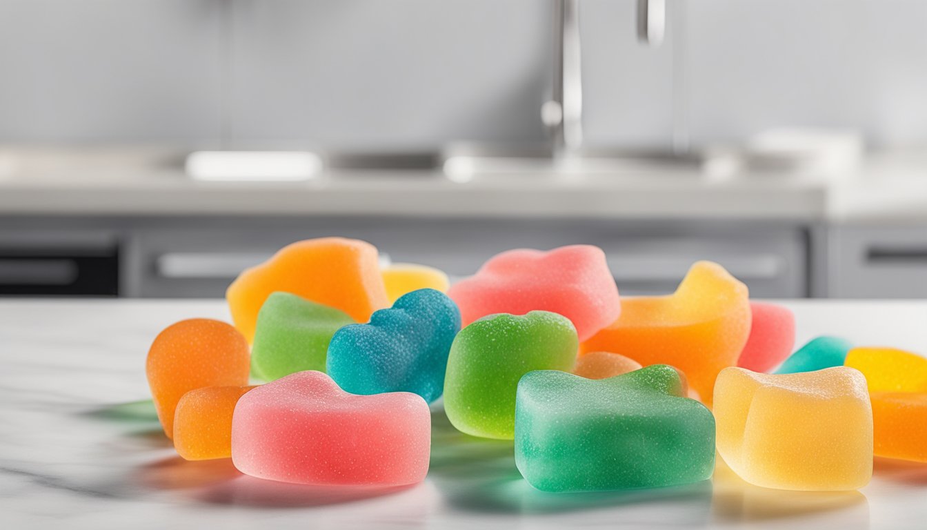 A colorful display of keto gummies arranged on a sleek, modern countertop with a branded logo in the background
