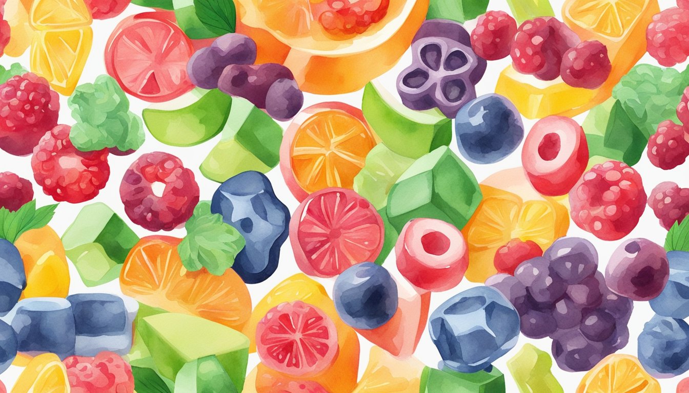 A colorful display of keto gummies with natural ingredients and sugar-free labels, surrounded by images of healthy fruits and satisfied customers