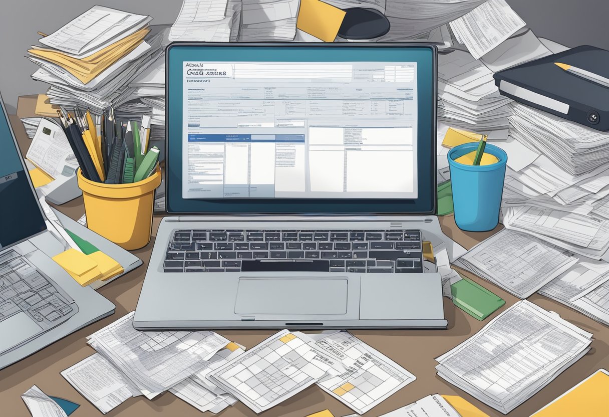 A cluttered desk with tax forms, receipts, and a calculator. A laptop displaying different types of taxes in Brazil. Folders labeled "Obrigações Acessórias" and "Fiscalização"