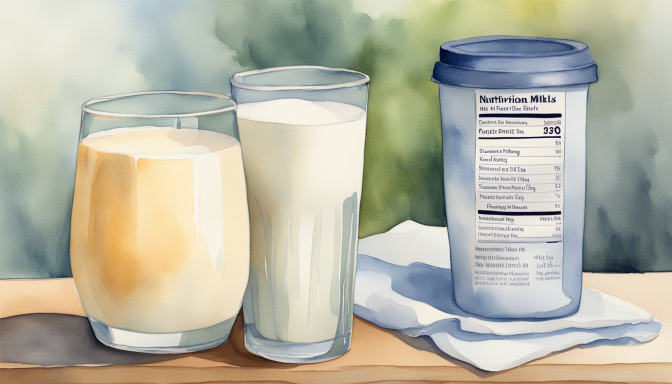A glass of milk sits on a table with a nutritional label next to it, showcasing its vitamins and minerals