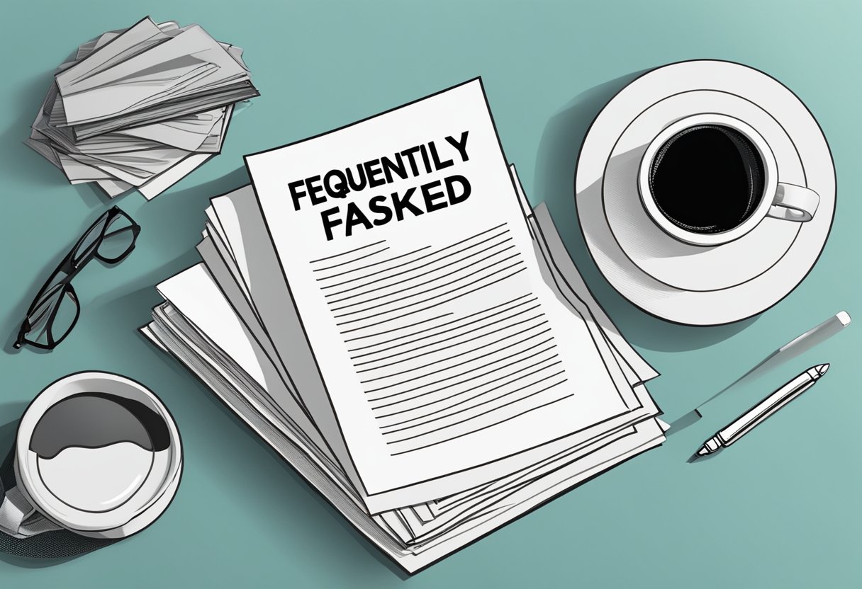 A stack of papers labeled "Frequently Asked Questions" on a desk, with a computer and a cup of coffee nearby