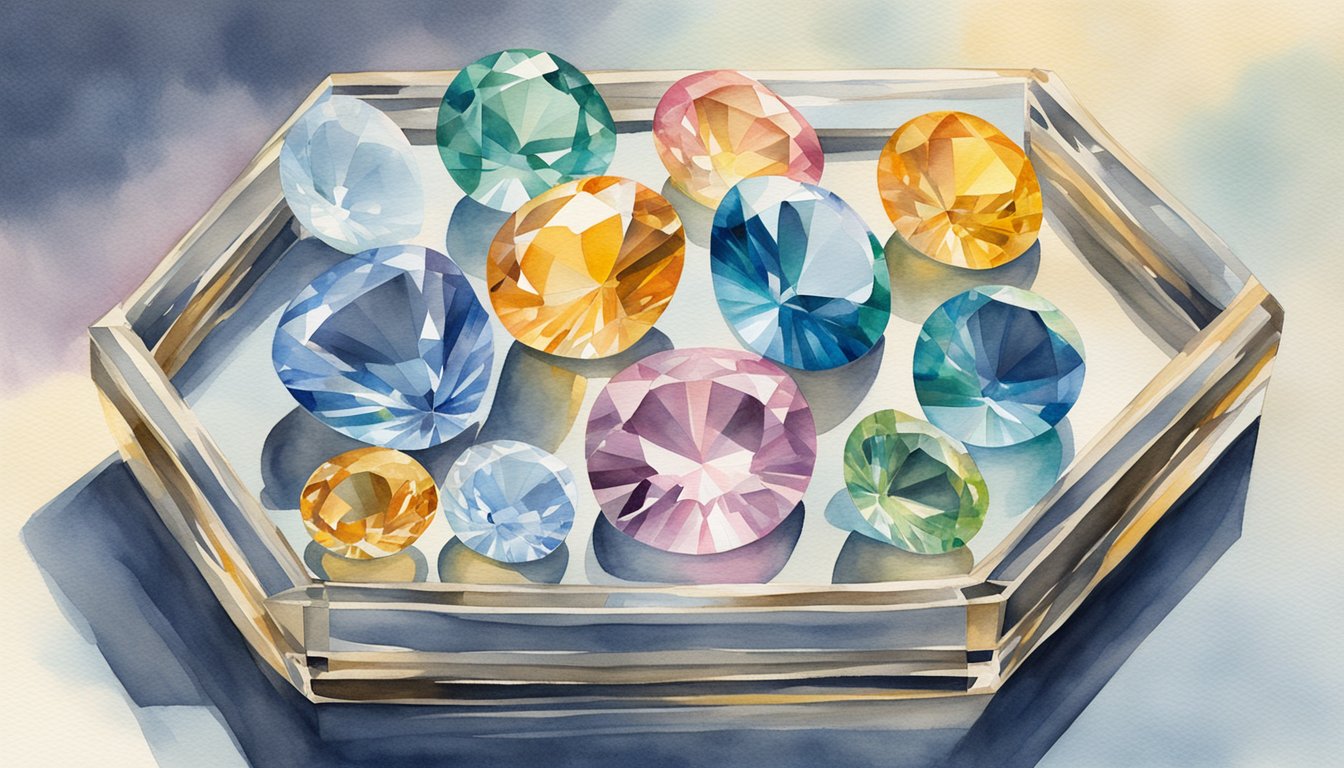 A display of sparkling Diamond Quality and Selection diamonds in a well-lit glass case