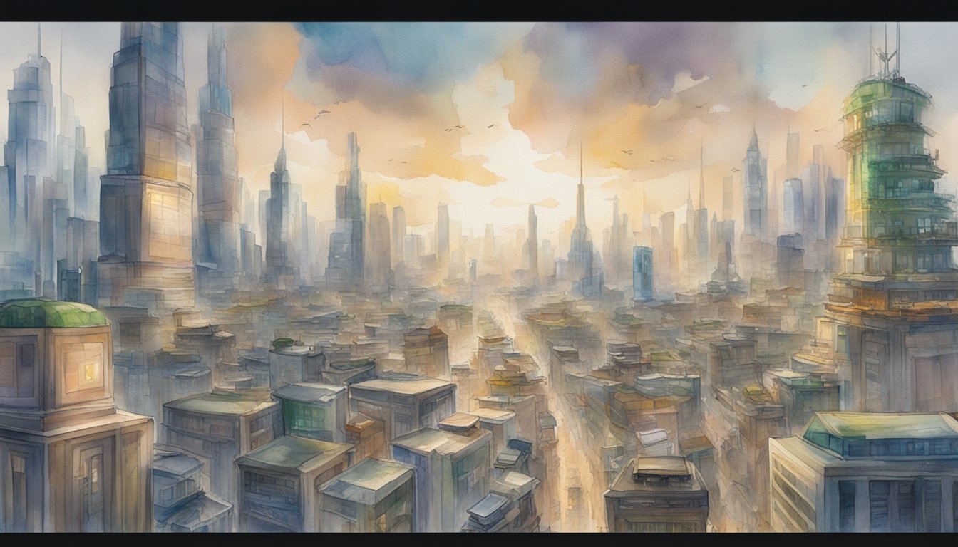 A bustling cityscape with towering skyscrapers, flying vehicles, and holographic billboards, showcasing a stark divide between the affluent and the impoverished districts