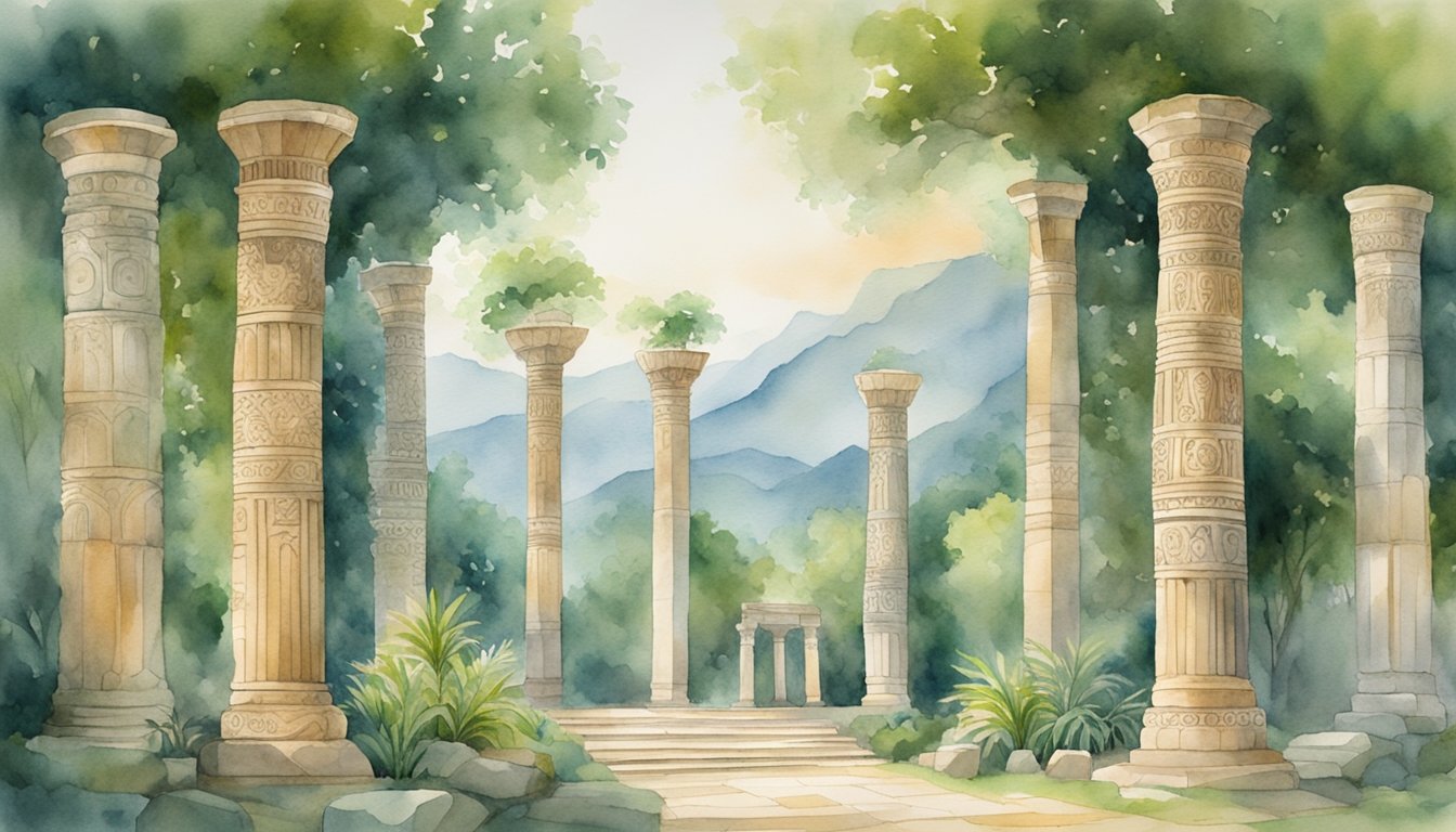 Ancient stone pillars arranged in circles, depicting intricate carvings and symbols, surrounded by lush greenery and distant mountains