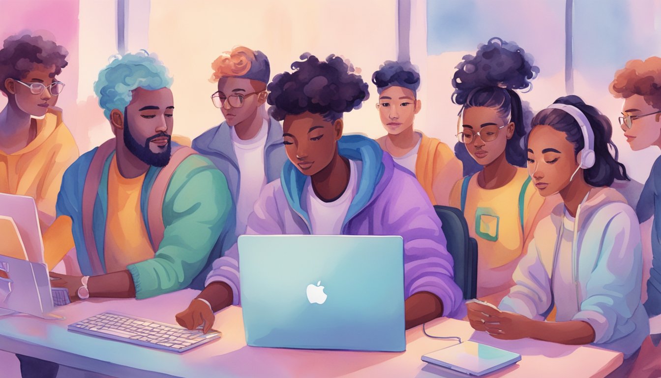 A group of diverse characters gather around a computer, brainstorming and creating content for the popular TikTok trend NPC