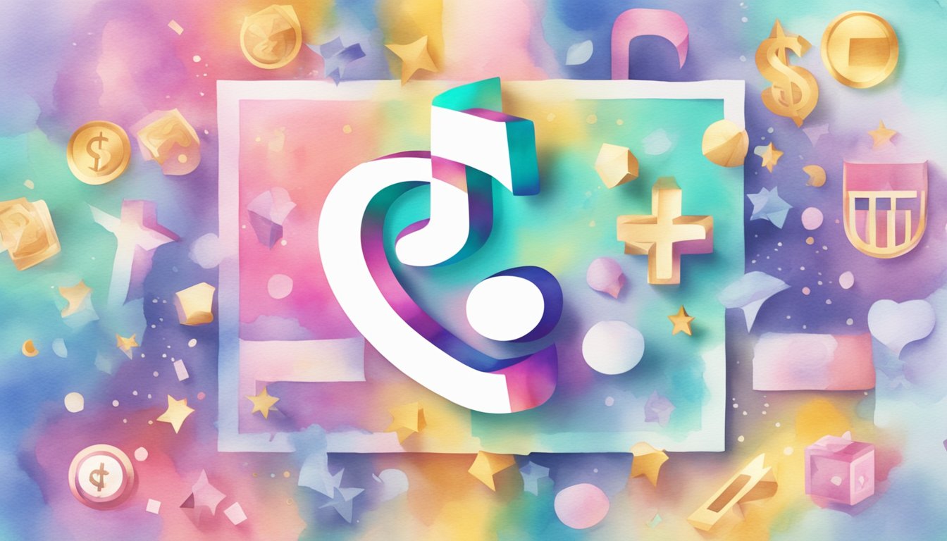 A TikTok logo surrounded by dollar signs and award icons