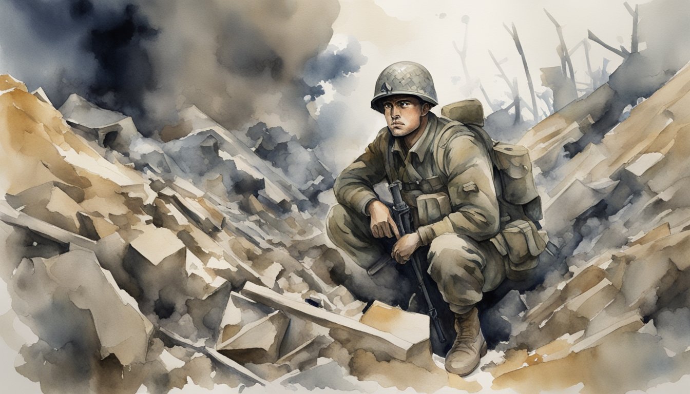 Soldier crouched in a trench, surrounded by chaos and destruction.</p><p>Trembling and disoriented, with a distant stare and a haunted expression