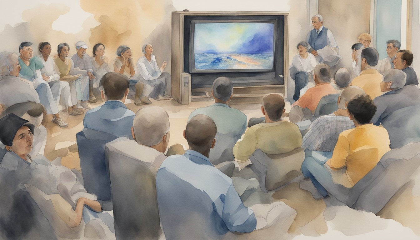 A diverse group of people watching TV, with various emotions on their faces, while media images of shell shock are displayed