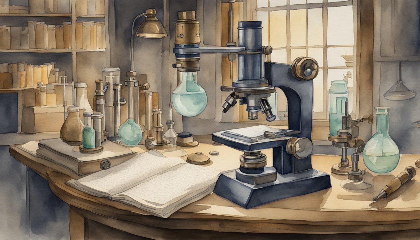 A dimly lit laboratory with antique scientific equipment and a handwritten journal open to a page detailing the invention of the microscope