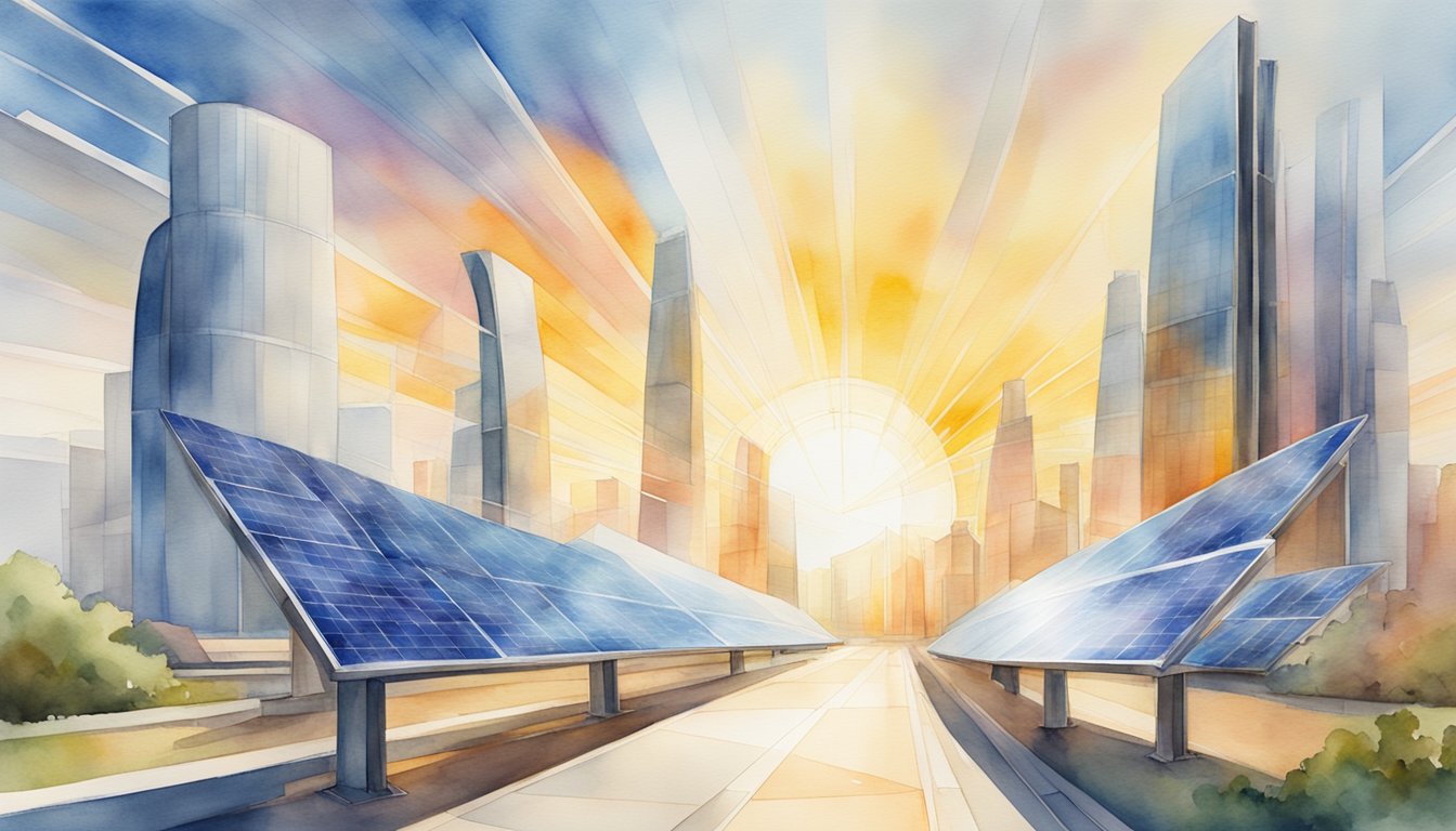 The sun's rays power a sleek, high-tech solar panel array, surrounded by futuristic buildings and clean energy technology