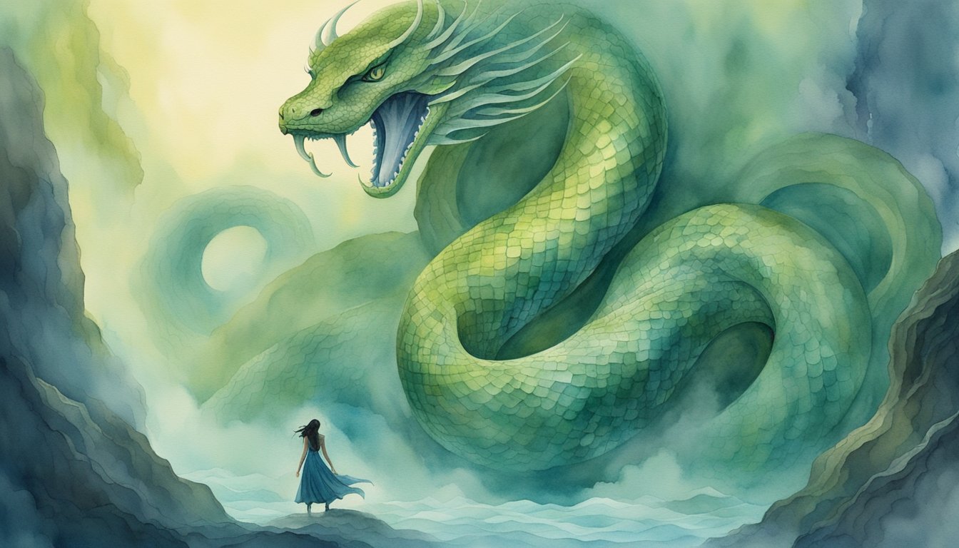 The serpent queen emerges from her hidden lair, surrounded by a swirling mist and guarded by a pair of fearsome serpents