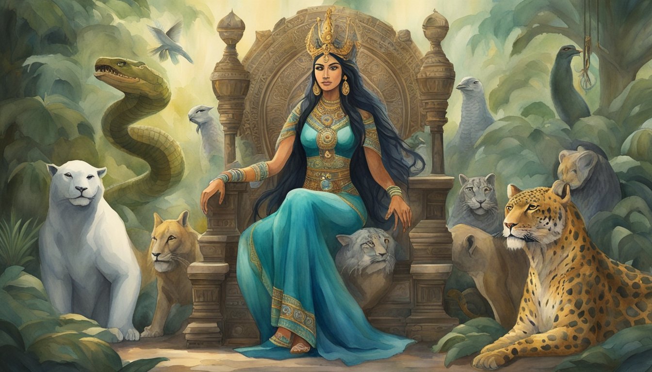 The serpent queen sits upon a throne, surrounded by exotic animals and artifacts from different cultures.</p><p>She exudes power and mystery, with a regal presence that captivates all who behold her