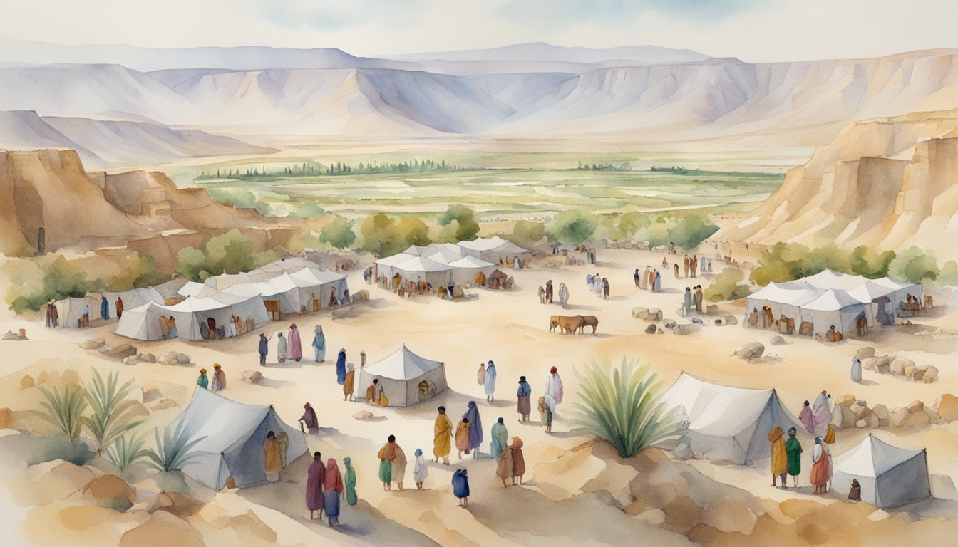 People gather at Qumran for communal activities, including farming, cooking, and socializing.</p><p>Buildings and tents dot the landscape, while animals roam freely