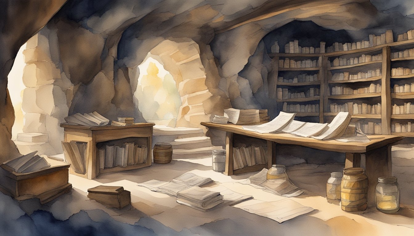 A dimly lit cave with ancient scrolls strewn across the floor, a table with quill and ink, and shelves filled with jars of preserved documents