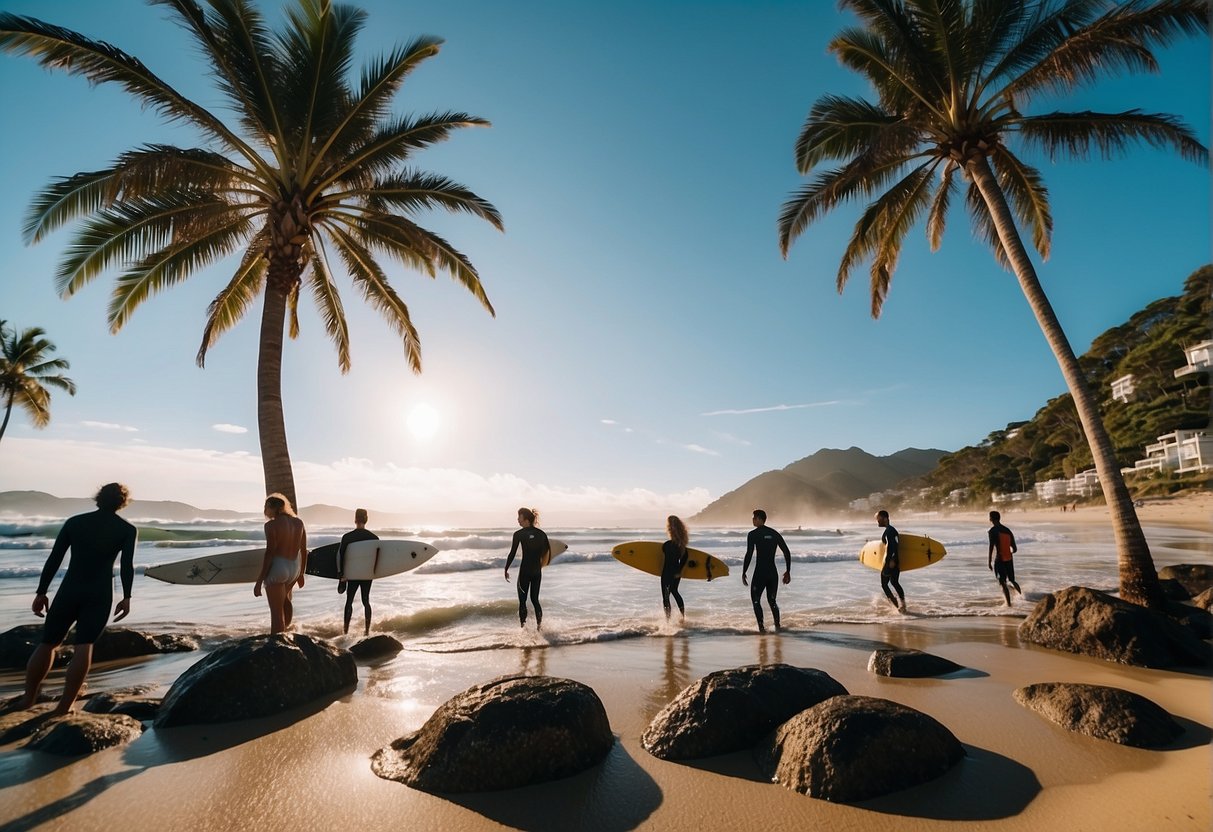 A group of surfers catching waves at 10 different beaches in Florianópolis, with palm trees and clear blue skies in the background