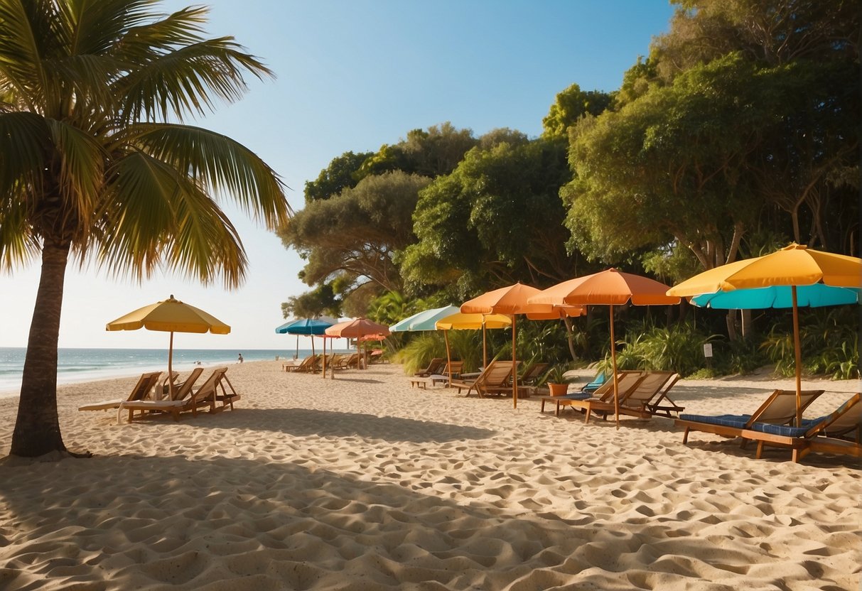 A serene beach with calm waves and golden sand, surrounded by lush greenery and colorful umbrellas. Families and children play and relax under the warm sun, creating a joyful and peaceful atmosphere