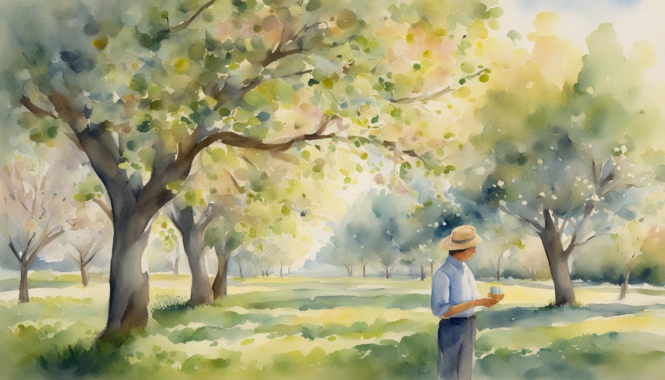 A peaceful orchard with apple trees in bloom, a man scattering seeds with a gentle smile.</p><p>Sunlight filters through the branches, birds chirp in the distance