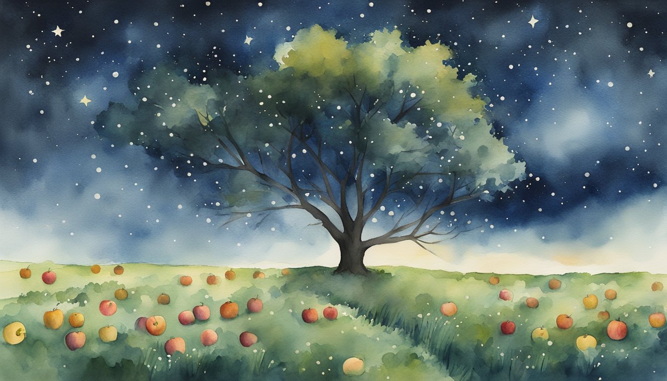 A sprawling apple orchard under a starry night sky, with a lone tree standing tall, symbolizing Johnny Appleseed's legacy and philosophical beliefs