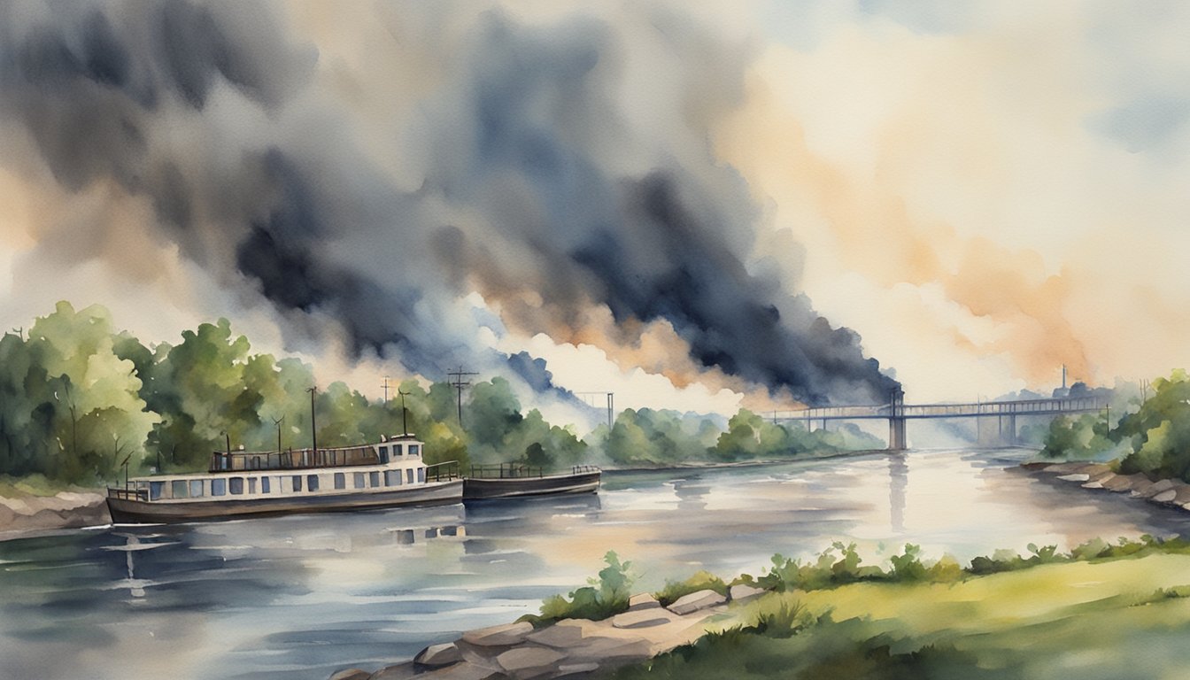 The Cuyahoga River burns as smoke billows into the sky.</p><p>Emergency responders rush to contain the environmental disaster