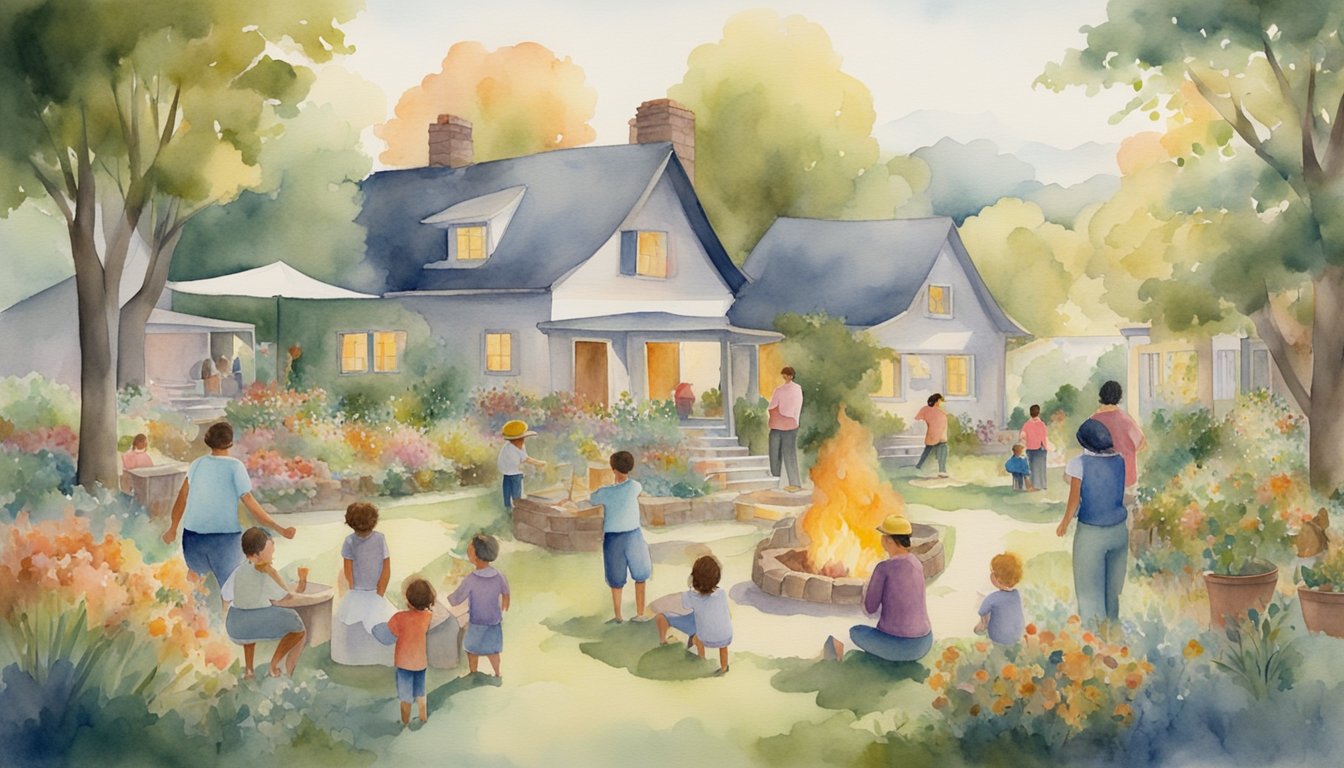 Families building homes, tending to gardens, and gathering around a communal fire
