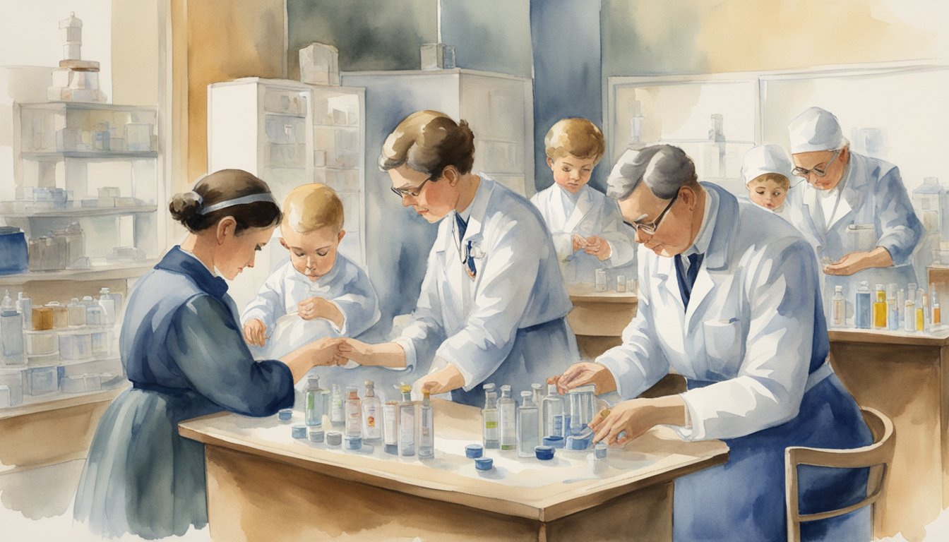 A doctor carefully measures and dispenses thalidomide, following strict regulations.</p><p>Nearby, a group of thalidomide babies receive specialized care and support