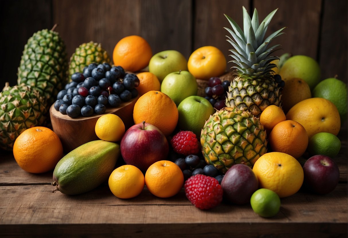 A colorful array of 15 exotic Brazilian fruits, each with unique shapes and textures, arranged on a rustic wooden table