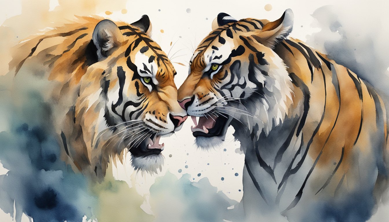 The tiger and lion faced off, growling and baring their teeth in a tense confrontation.</p><p>The tension was palpable as they circled each other, each one ready to strike at any moment