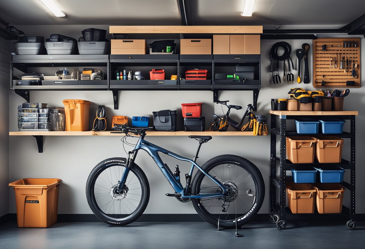 A garage with organized shelves, labeled bins, and hanging tools. A bike rack and overhead storage maximize space