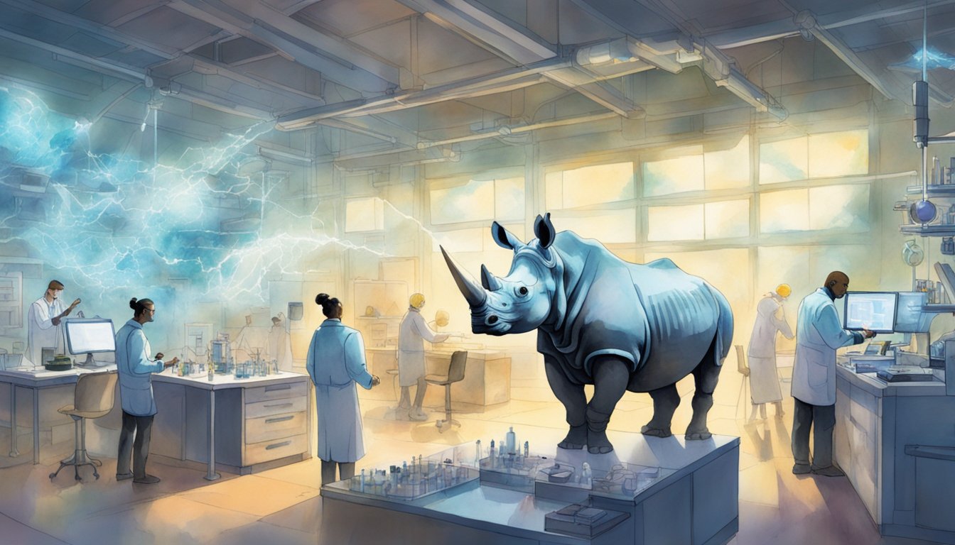 Scientists in a lab, using advanced technology, bring back the extinct white rhino.</p><p>DNA samples and equipment are scattered around the room, with the rhino standing in the center, surrounded by a glowing, futuristic aura
