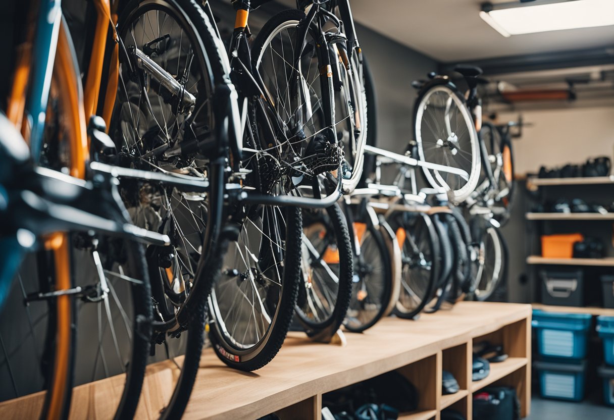 Bicycles hanging on wall hooks in a tidy garage. Shelves hold helmets, tools, and bike accessories. Floor space is clear for easy access