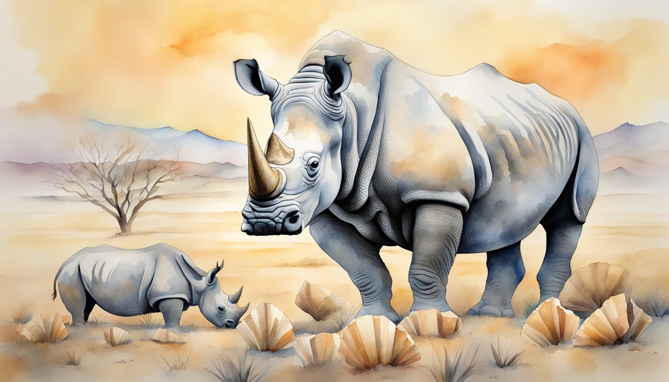The last white rhino stands alone in a barren savannah, surrounded by the empty shells of its extinct kin