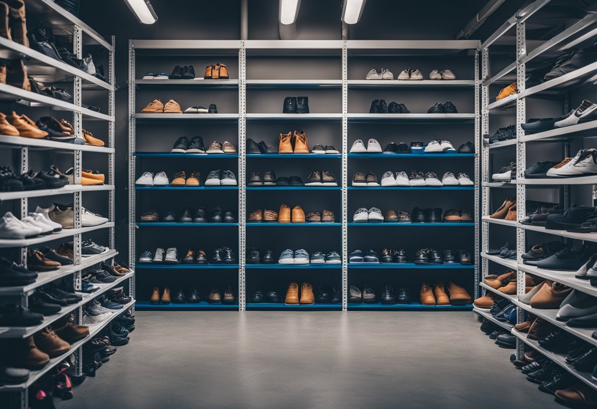 A garage with neatly organized shelves filled with various types of shoes and storage containers