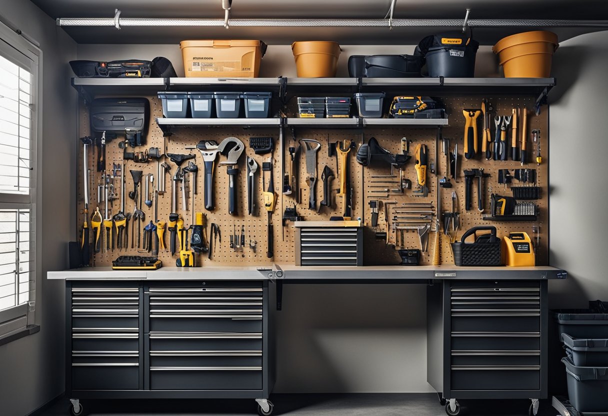 A garage with organized tool storage, featuring wall-mounted racks, labeled bins, and a sturdy workbench with tool pegboards
